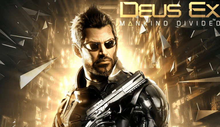Imagem da capa do jogo deus ex, que mostra o protagonista de oculos escuro segurando uma proteção